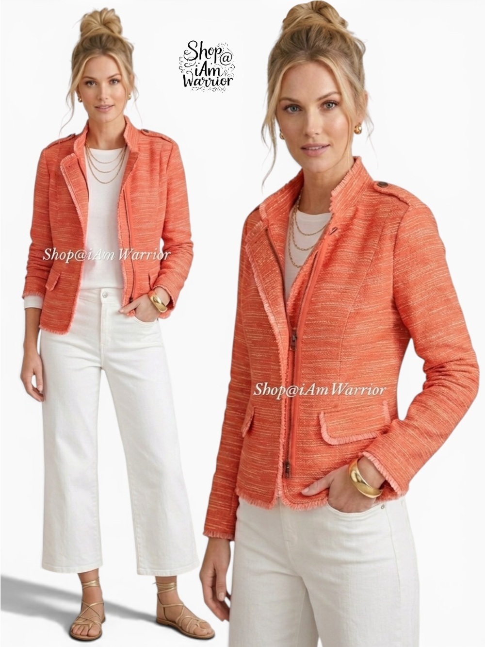 Chico’s orange tweed fringe moto jacket *shop@iamwarrior